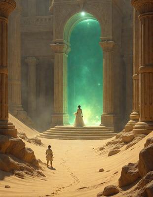 The primary subject of the image is a woman standing in front of a large, green, glowing doorway. The setting appears to be a desert-like environment, with a sandy surface visible in the foreground. The visual style of the image is a combination of photo and digital art, creating a surreal and fantastical atmosphere. The colors in the image are predominantly earth tones, with the green glow of the doorway adding a sense of otherworldliness to the scene.